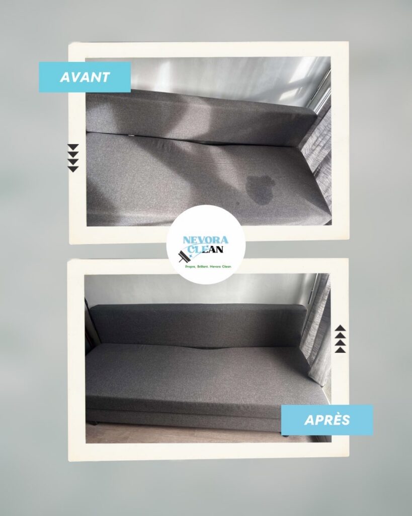 Canapé gris avant/après nettoyage Nevora Clean