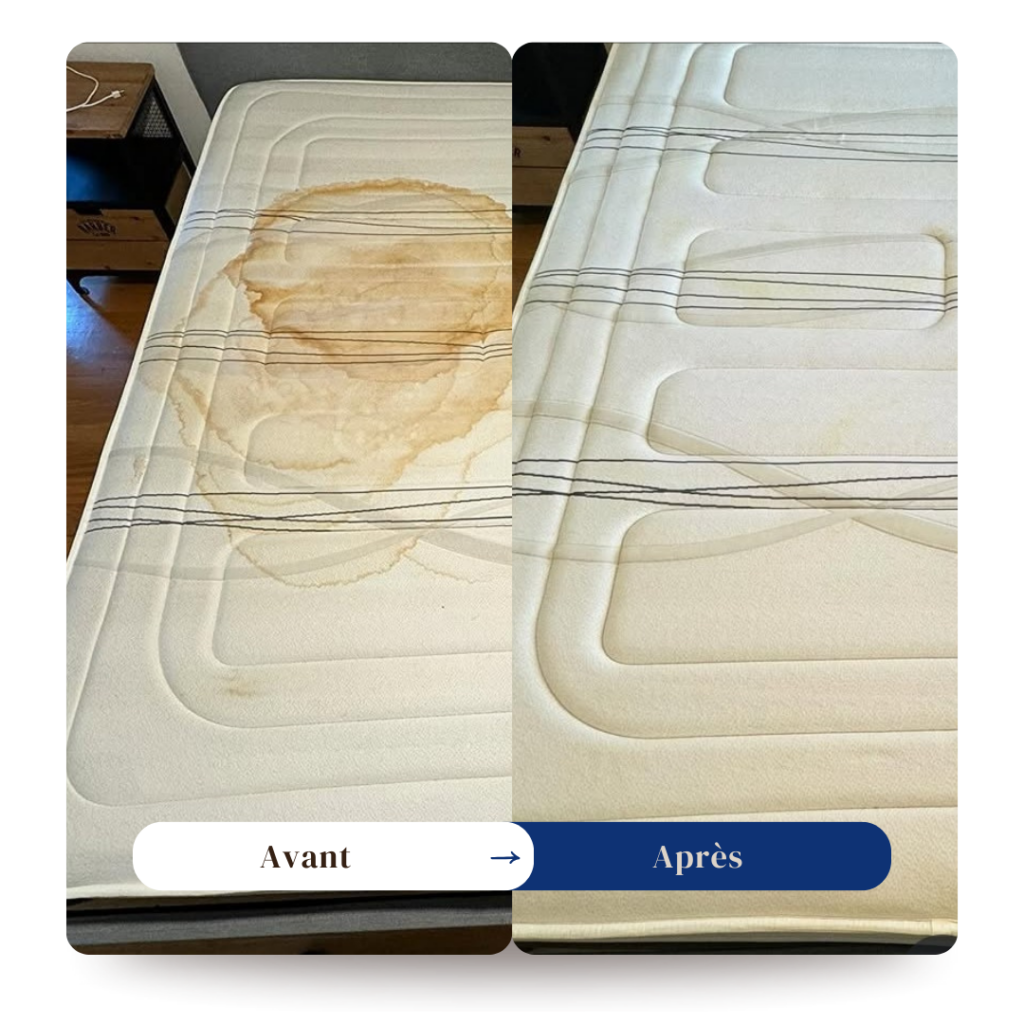 Matelas avant et après un nettoyage professionnel Nevora Clean, tache disparue